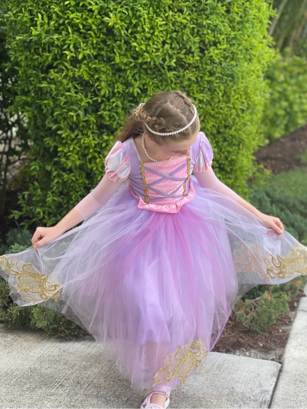 Girls' Pink and Lavender Princess Tulle Dress with Gold Trim - Picture 2 of 9